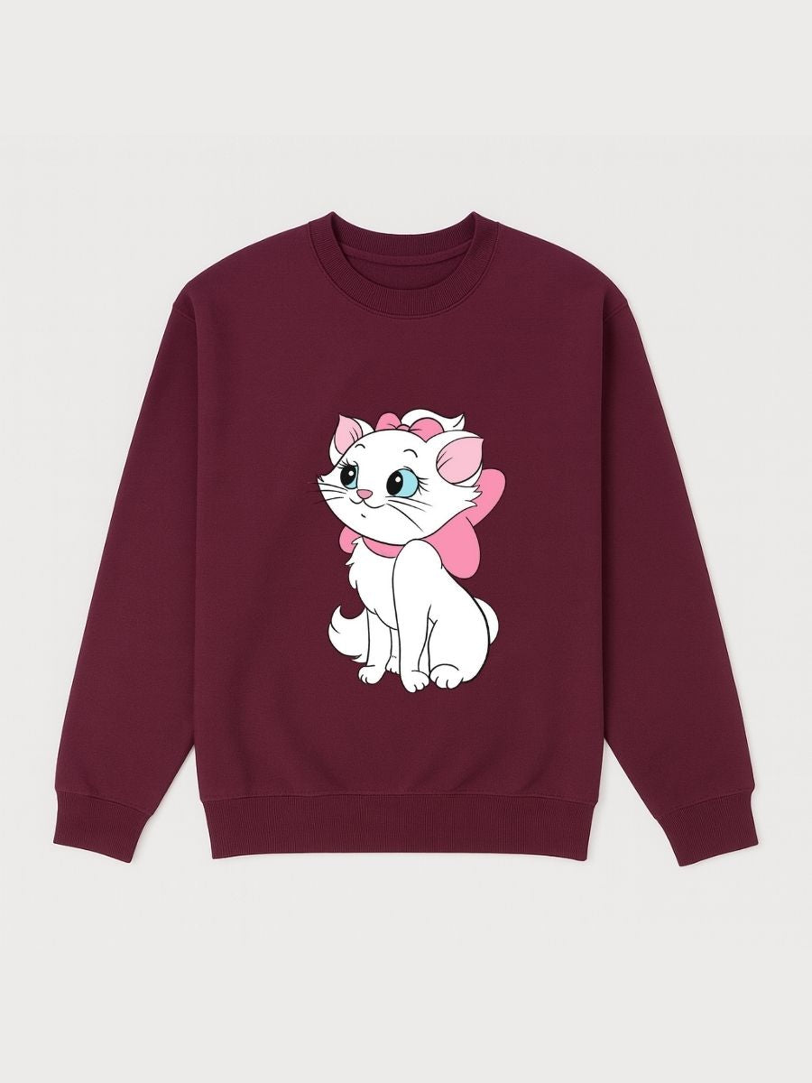 Girls Maroon Cute White Cartoon Cat Fleece Sweatshirt