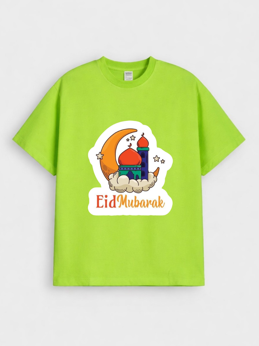 Girls Eid Mubarak Moon Mosque Graphic Down Shoulder T-shirt for Eid Celebration