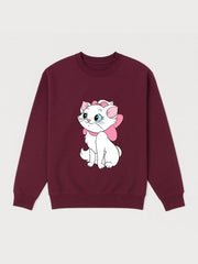 Girls Maroon Cute White Cartoon Cat Fleece Sweatshirt
