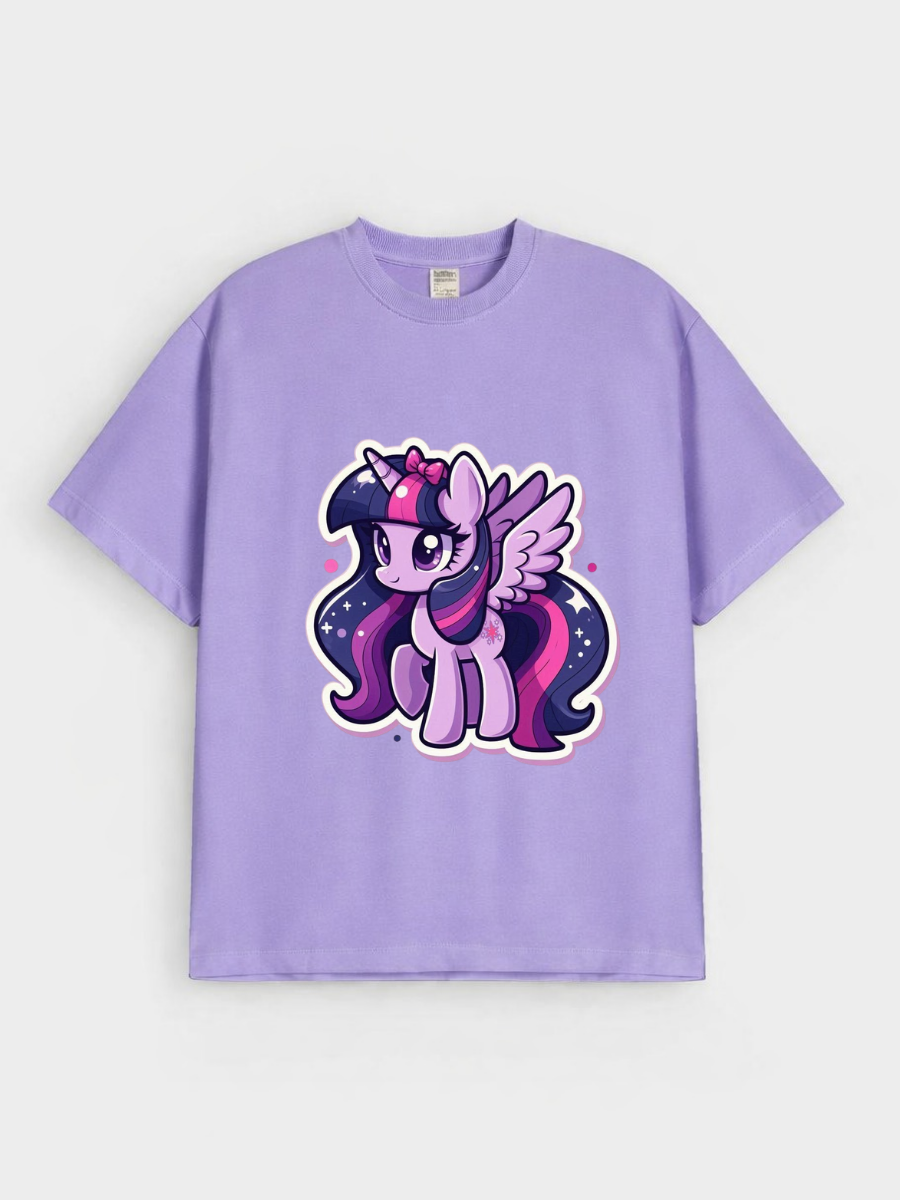 Girls Cartoon Unicorn Pony Purple Down Shoulder T-shirt