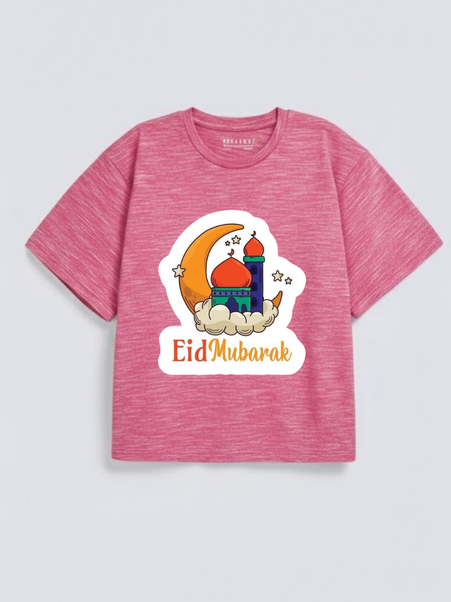 Girls Eid Mubarak Moon Mosque Graphic Down Shoulder T-shirt for Eid Celebration