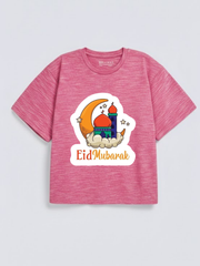 Girls Eid Mubarak Moon Mosque Graphic Down Shoulder T-shirt for Eid Celebration