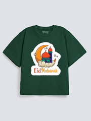 Girls Eid Mubarak Moon Mosque Graphic Down Shoulder T-shirt for Eid Celebration
