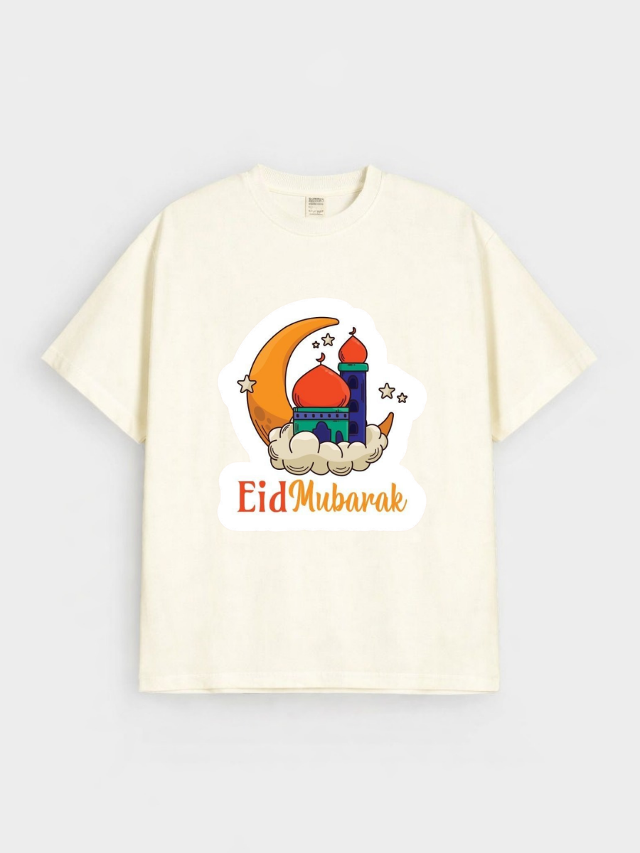 Girls Eid Mubarak Moon Mosque Graphic Down Shoulder T-shirt for Eid Celebration