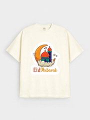 Girls Eid Mubarak Moon Mosque Graphic Down Shoulder T-shirt for Eid Celebration