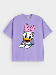 Girls Cartoon Daisy Duck Print Purple Down Shoulder T-shirt