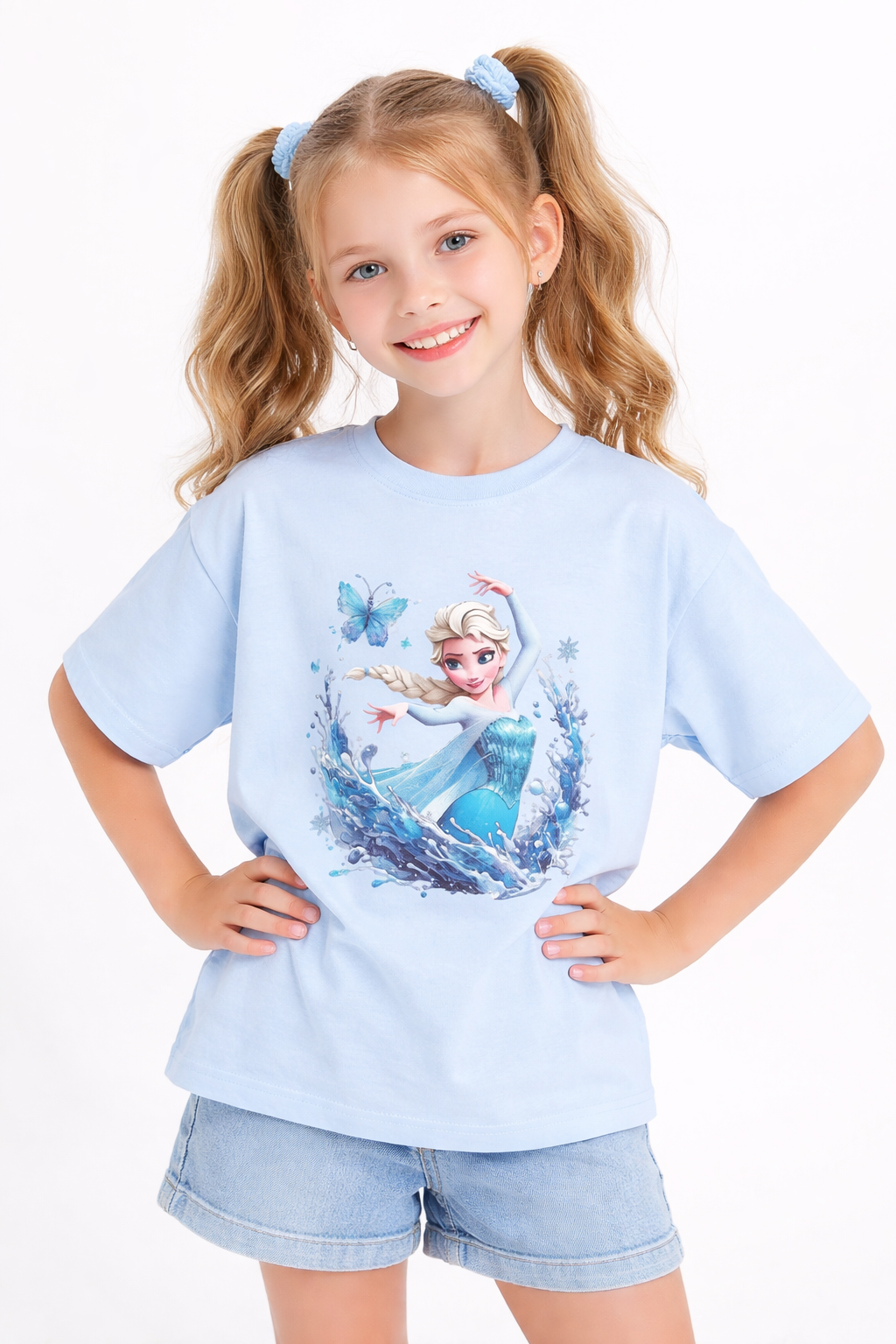 Girls Ice Princess Elsa Print Blue Down Shoulder T-shirt