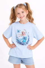 Girls Ice Princess Elsa Print Blue Down Shoulder T-shirt