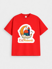 Girls Eid Mubarak Moon Mosque Graphic Down Shoulder T-shirt for Eid Celebration
