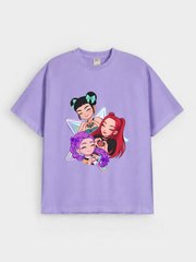 Girls Cartoon Best Friends Print Purple Down Shoulder T-shirt