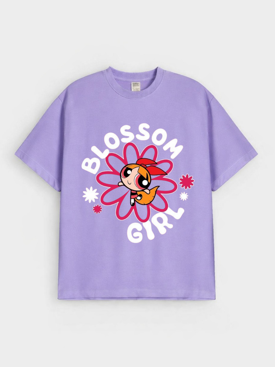 Girls Cartoon Blossom Print Purple Down Shoulder T-shirt
