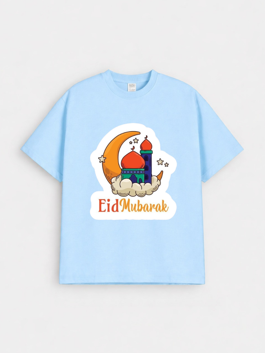 Girls Eid Mubarak Moon Mosque Graphic Down Shoulder T-shirt for Eid Celebration