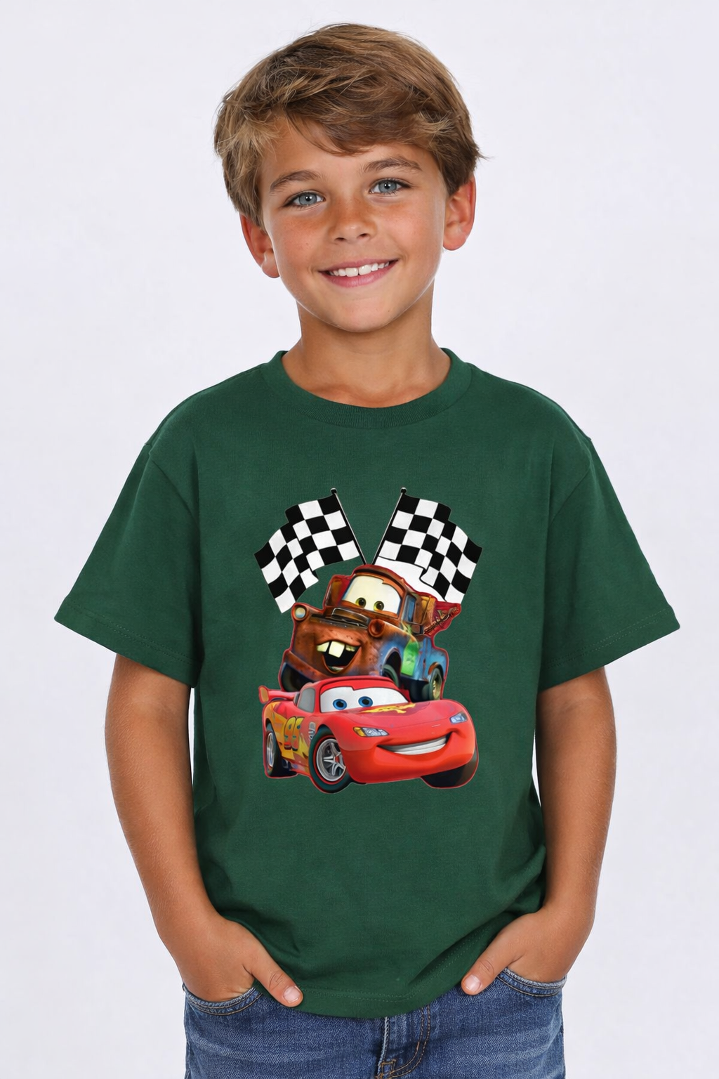 Boys Cars Racing Green Down Shoulder T-shirt