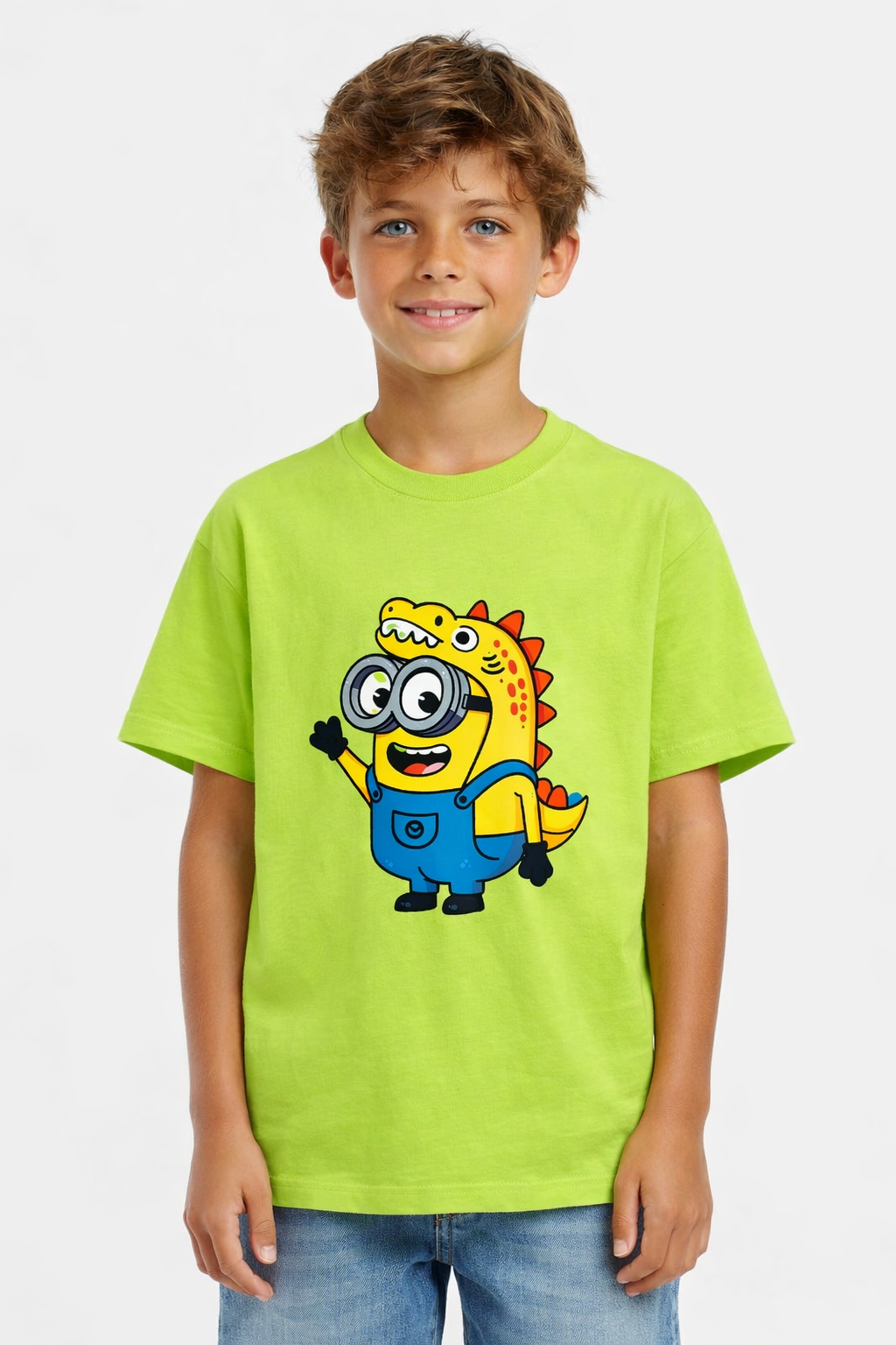 Boys Cartoon Minion Dinosaur Print Green Down Shoulder T-shirt