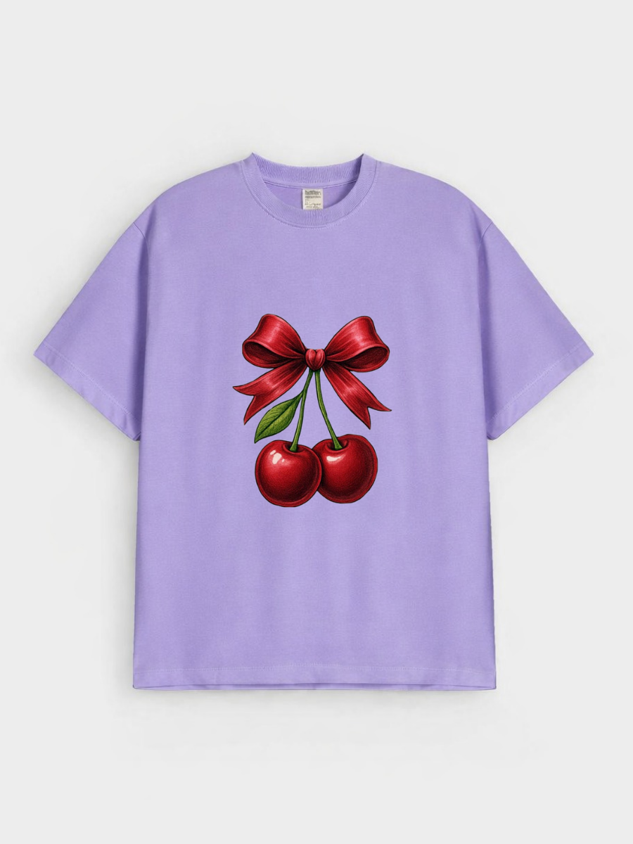 Girls Cherry Bow Print Purple Down Shoulder T-shirt