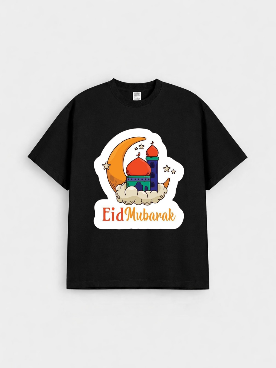 Girls Eid Mubarak Moon Mosque Graphic Down Shoulder T-shirt for Eid Celebration