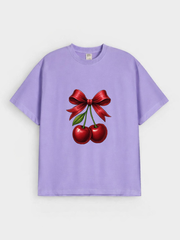 Girls Cherry Bow Print Purple Down Shoulder T-shirt