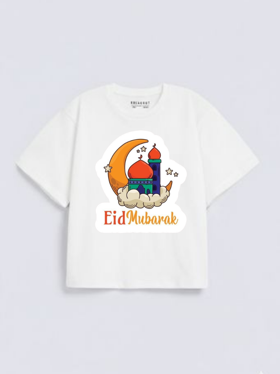 Girls Eid Mubarak Moon Mosque Graphic Down Shoulder T-shirt for Eid Celebration