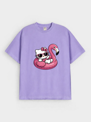 Girls Cartoon Cat Flamingo Print Purple Down Shoulder T-shirt