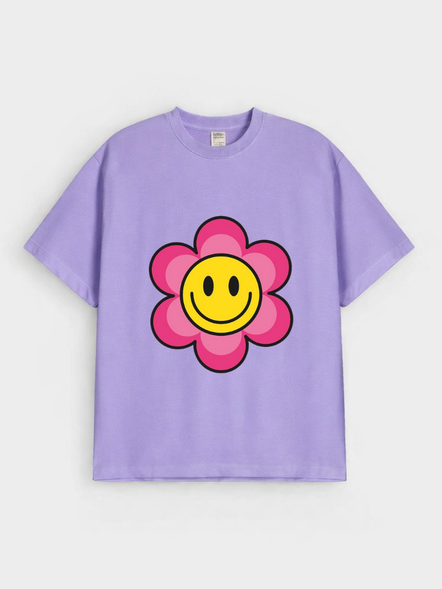 Girls Smiley Flower Lavender Down Shoulder T-shirt
