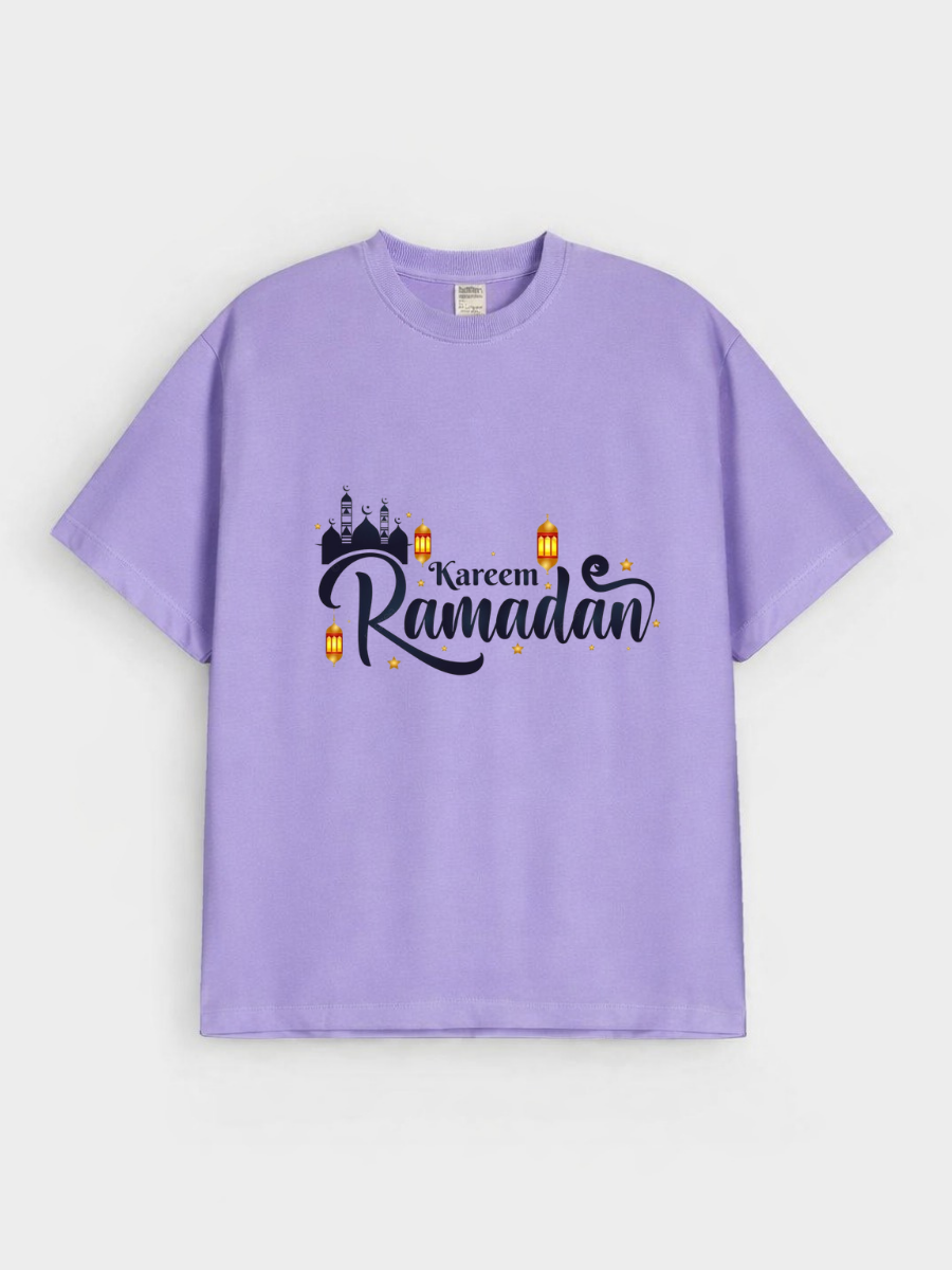 Boys Ramadan Kareem Lantern Mosque Graphic Down Shoulder T-shirt for Ramadan Celebration