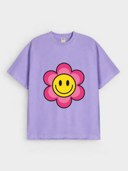 Girls Smiley Flower Lavender Down Shoulder T-shirt