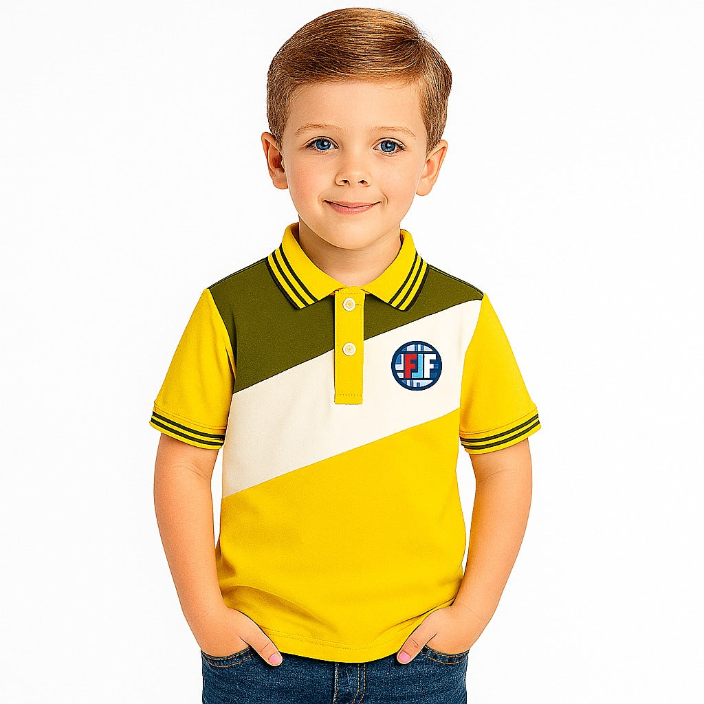 Boys yellow,green and white patch polo shirt