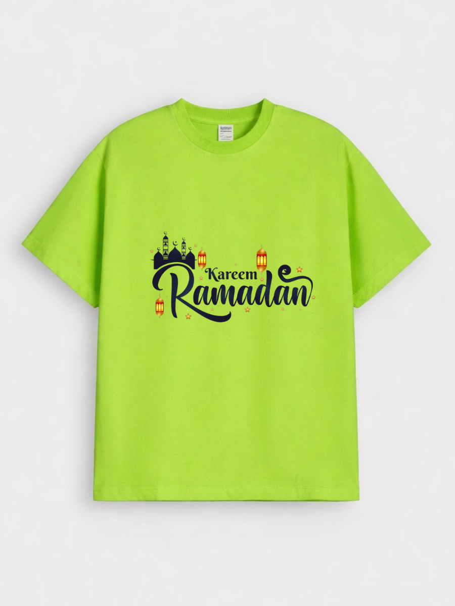 Boys Ramadan Kareem Lantern Mosque Graphic Down Shoulder T-shirt for Ramadan Celebration