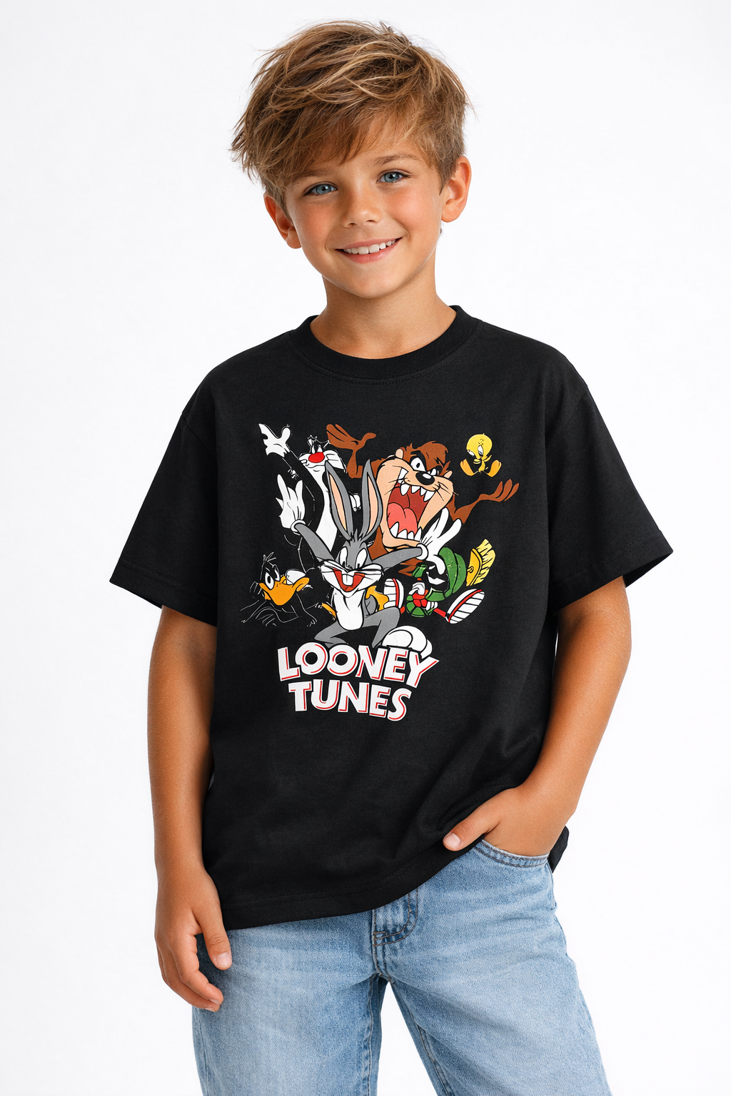 Boys Cartoon Characters Black Down Shoulder T-shirt
