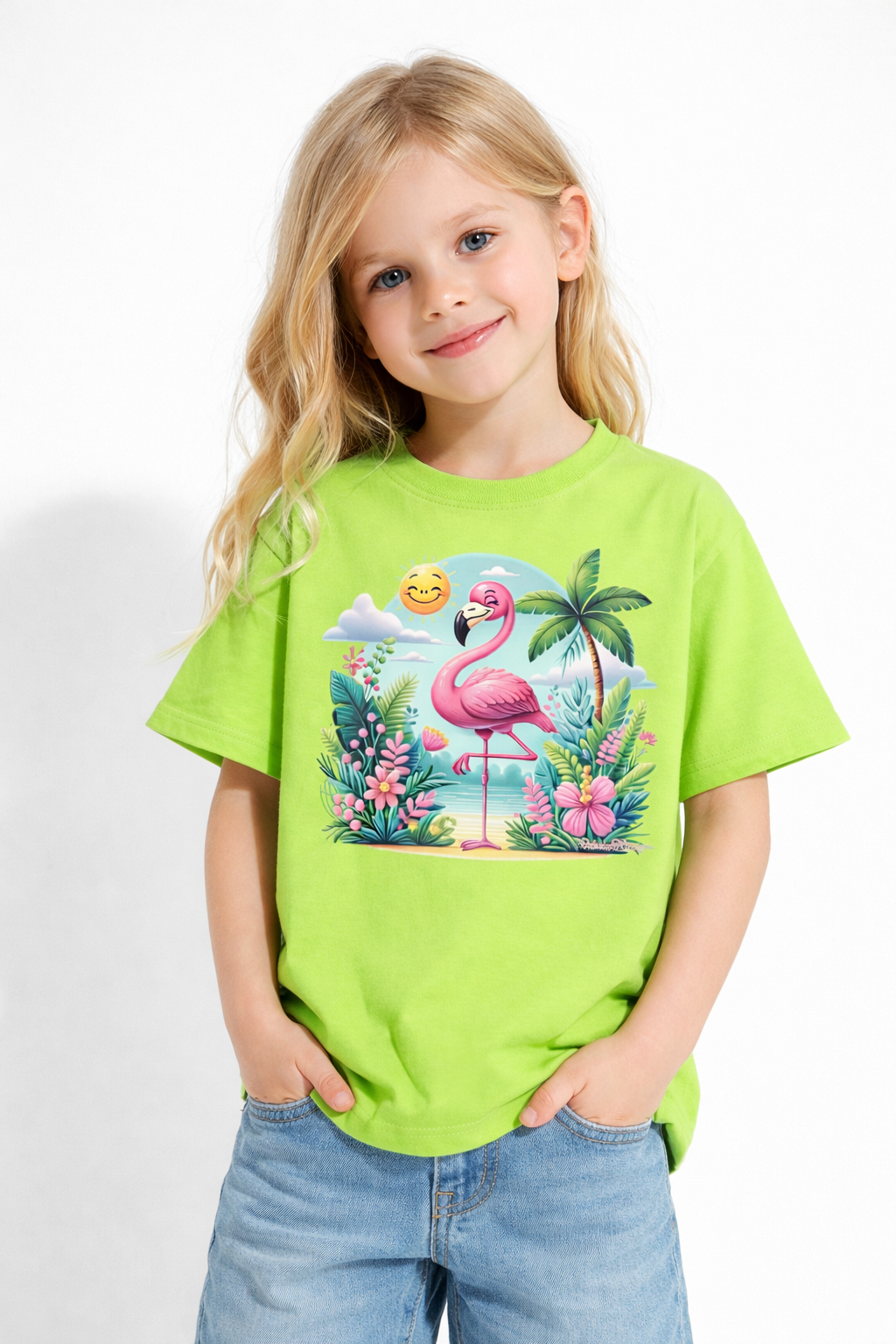 Girls Cartoon Flamingo Tropical Print Green Down Shoulder T-shirt