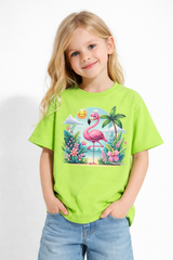 Girls Cartoon Flamingo Tropical Print Green Down Shoulder T-shirt