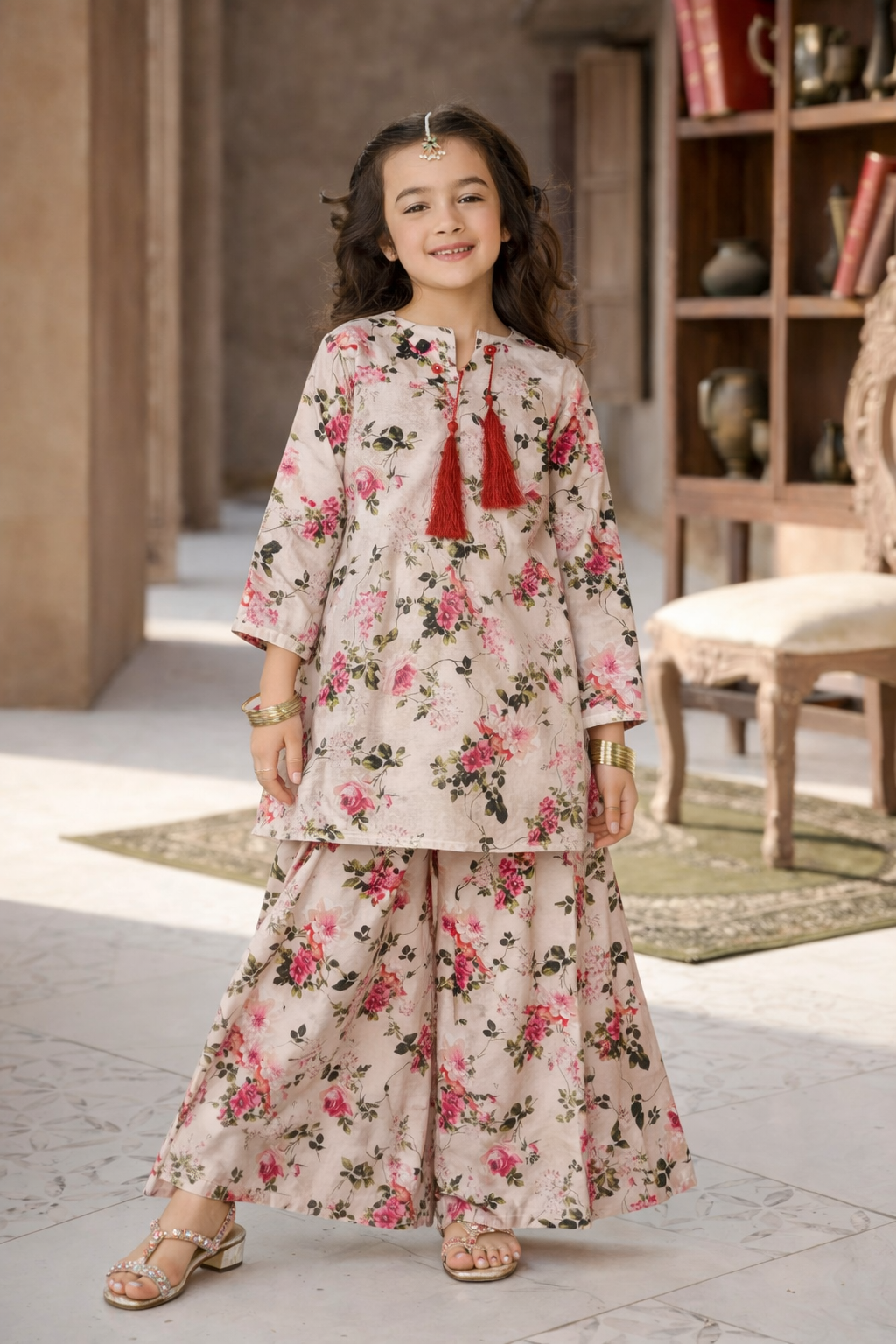 Girls Cream Floral Print shalwar kameez