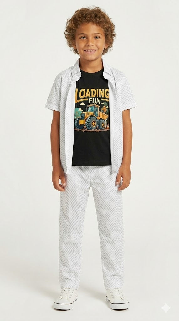 Boys White & Black Printed Loader Truck Cartoon Casual Tracksuit (Summer)