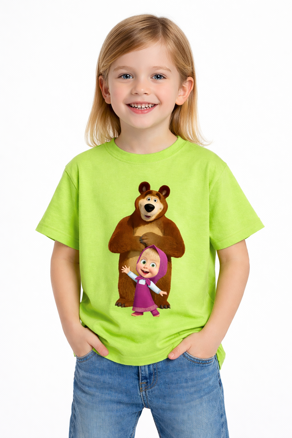 Girls Cartoon Masha and Bear Print Green Down Shoulder T-shirt