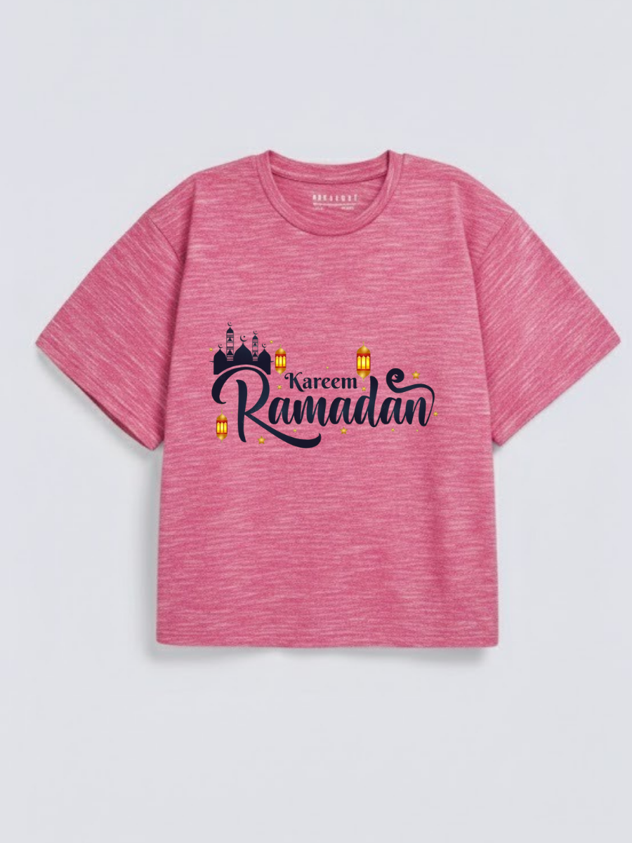 Boys Ramadan Kareem Lantern Mosque Graphic Down Shoulder T-shirt for Ramadan Celebration