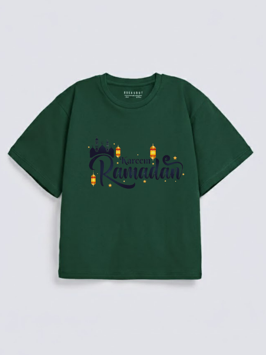 Boys Ramadan Kareem Lantern Mosque Graphic Down Shoulder T-shirt for Ramadan Celebration