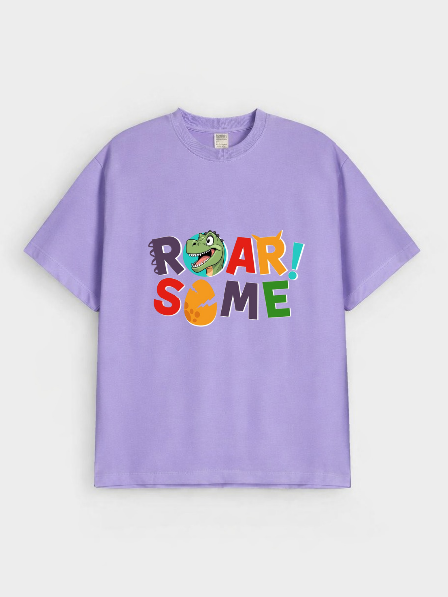 Boys Dinosaur Roarsome Print Purple Down Shoulder T-shirt