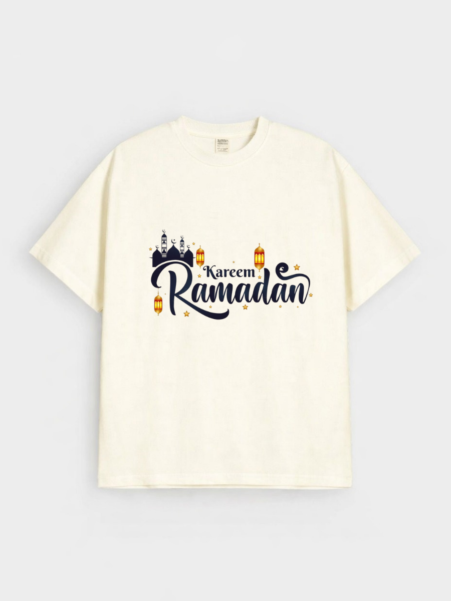 Boys Ramadan Kareem Lantern Mosque Graphic Down Shoulder T-shirt for Ramadan Celebration