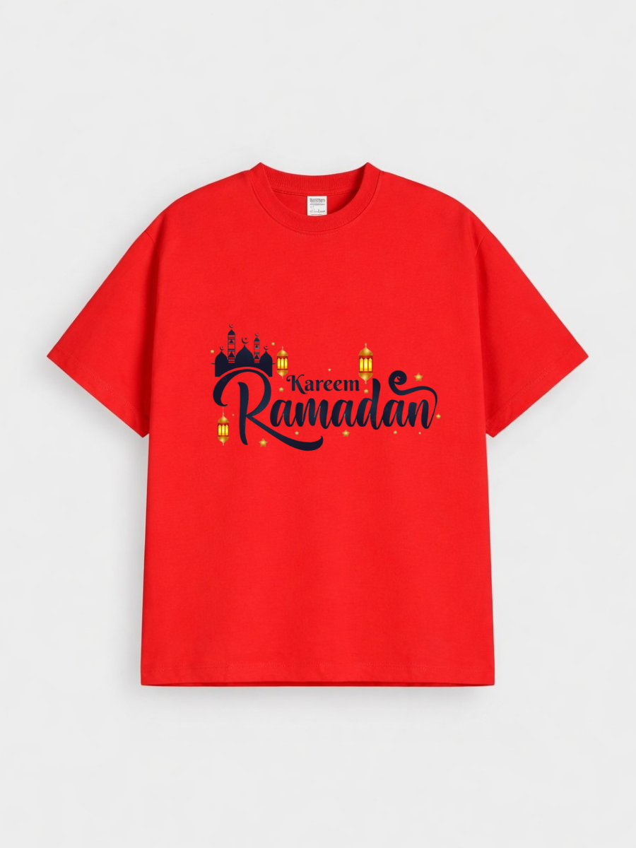 Boys Ramadan Kareem Lantern Mosque Graphic Down Shoulder T-shirt for Ramadan Celebration