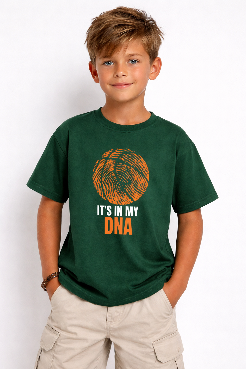 Boys Basketball DNA Print Green Down Shoulder T-shirt