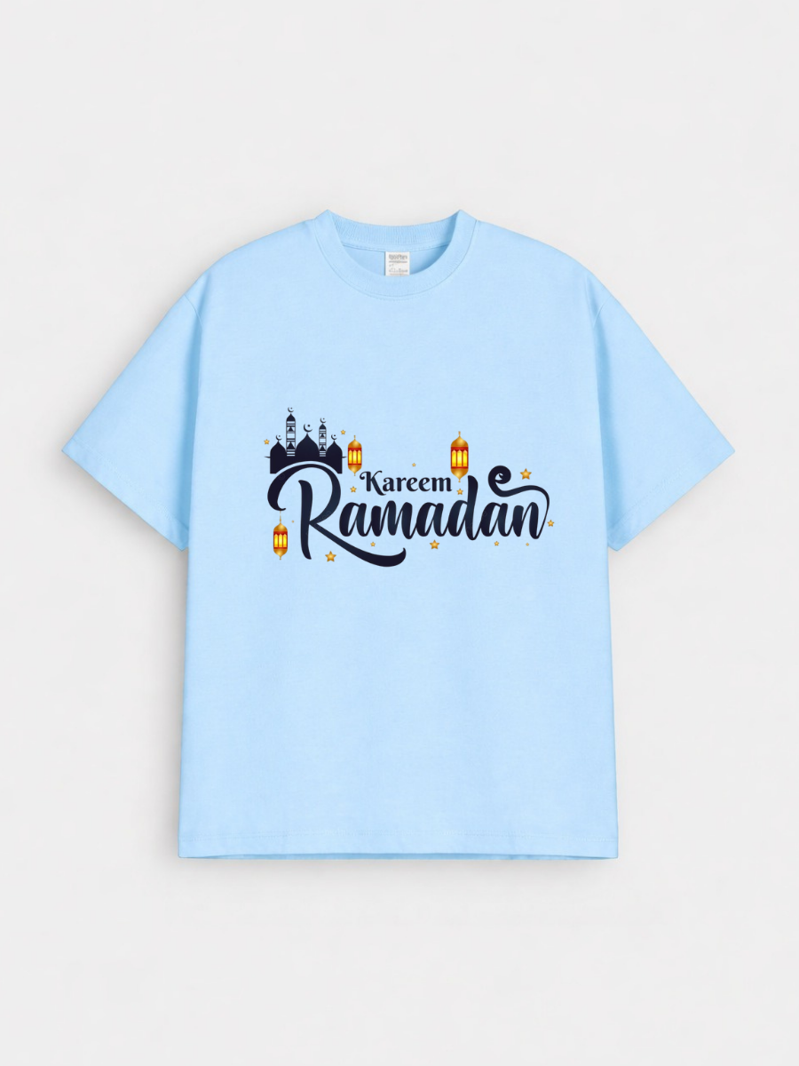 Boys Ramadan Kareem Lantern Mosque Graphic Down Shoulder T-shirt for Ramadan Celebration