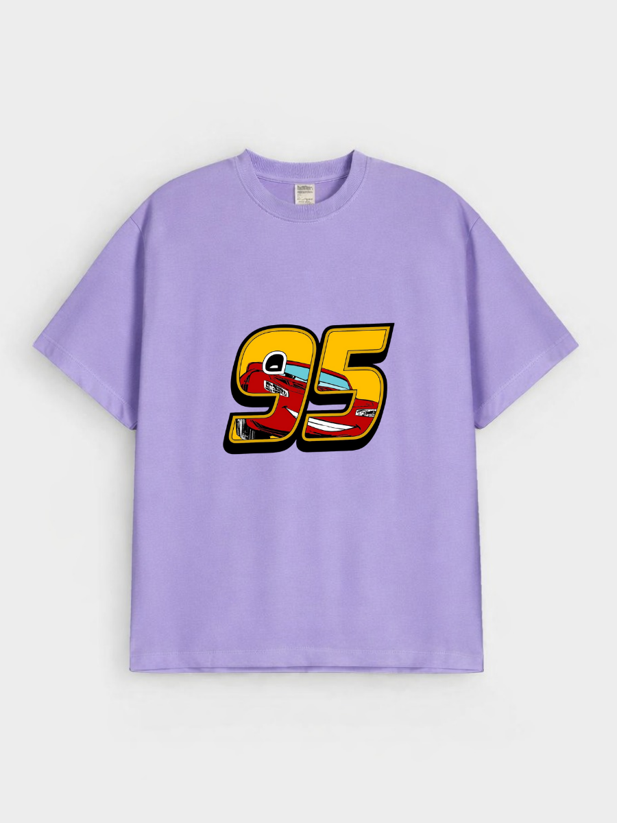 Boys Cartoon Racing Car 95 Print Purple Down Shoulder T-shirt