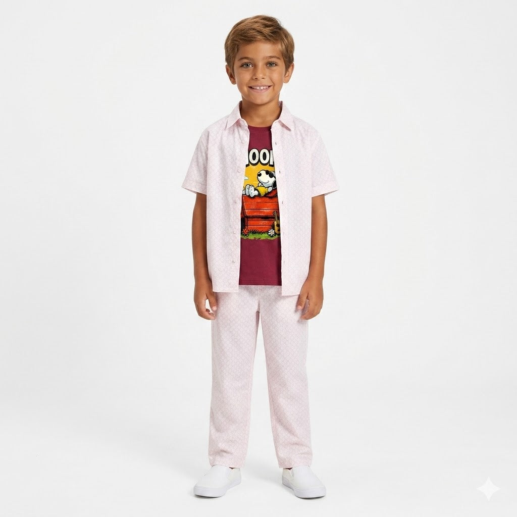 Boys Light Pink Printed Snoopy Design Tracksuit (Summer)