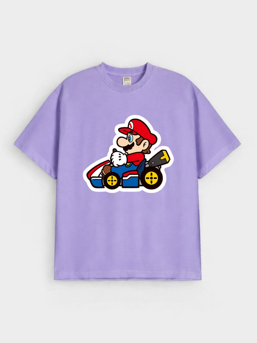 Boys Cartoon Racing Kart Print Purple Down Shoulder T-shirt