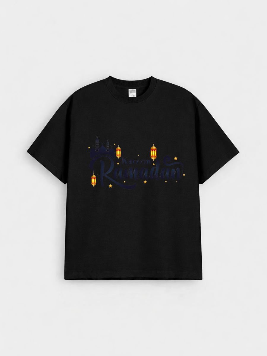 Boys Ramadan Kareem Lantern Mosque Graphic Down Shoulder T-shirt for Ramadan Celebration