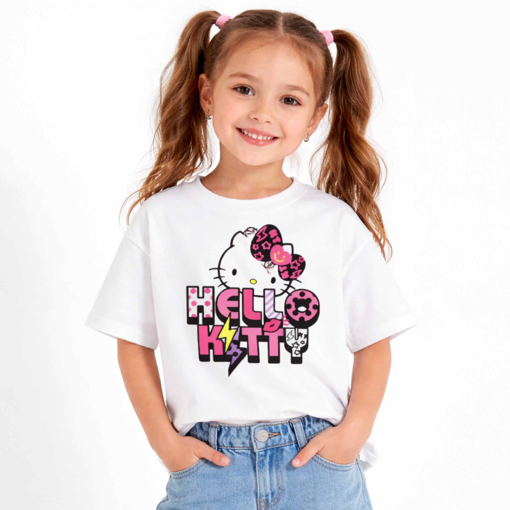 Girls Cartoon Hello Kitty Print White Down ShoulderT-shirt