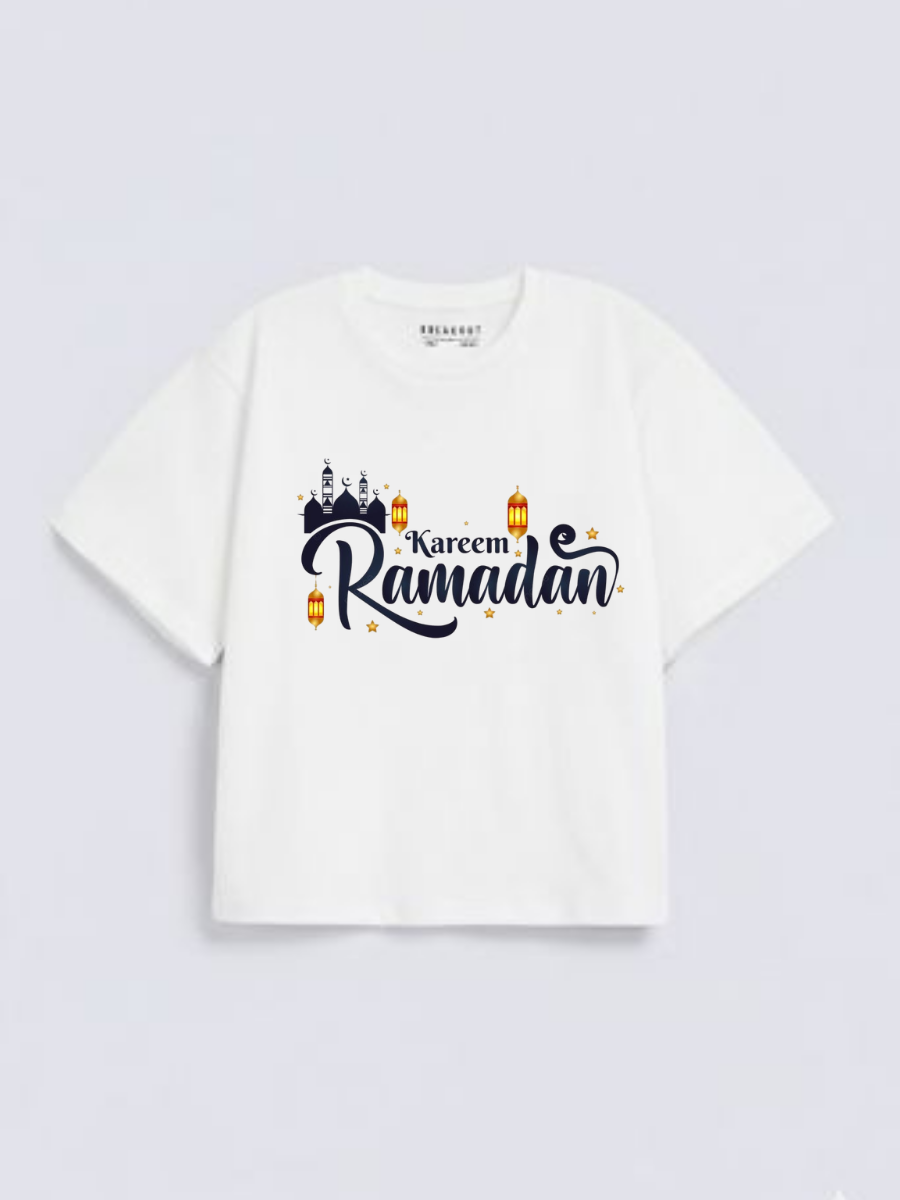 Boys Ramadan Kareem Lantern Mosque Graphic Down Shoulder T-shirt for Ramadan Celebration