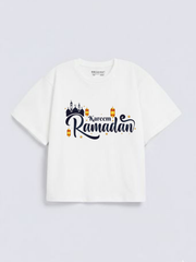 Boys Ramadan Kareem Lantern Mosque Graphic Down Shoulder T-shirt for Ramadan Celebration