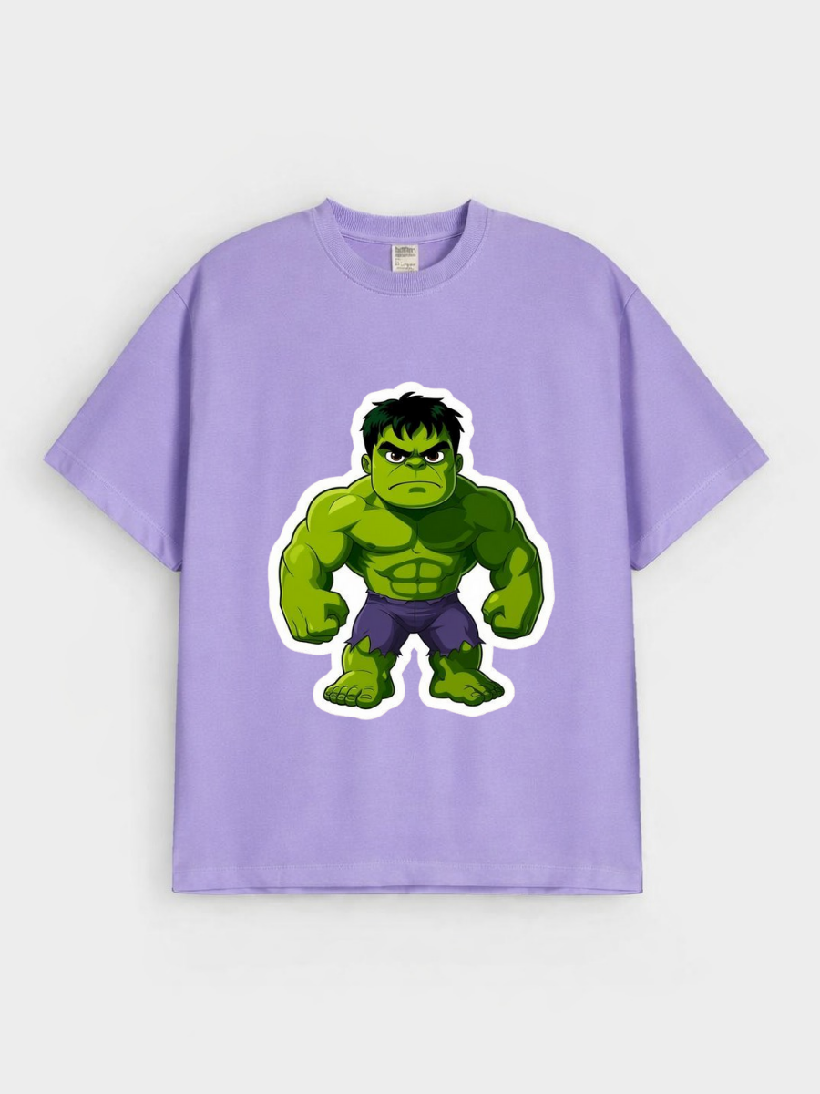 Boys Cartoon Superhero Hulk Print Purple Down Shoulder T-shirt