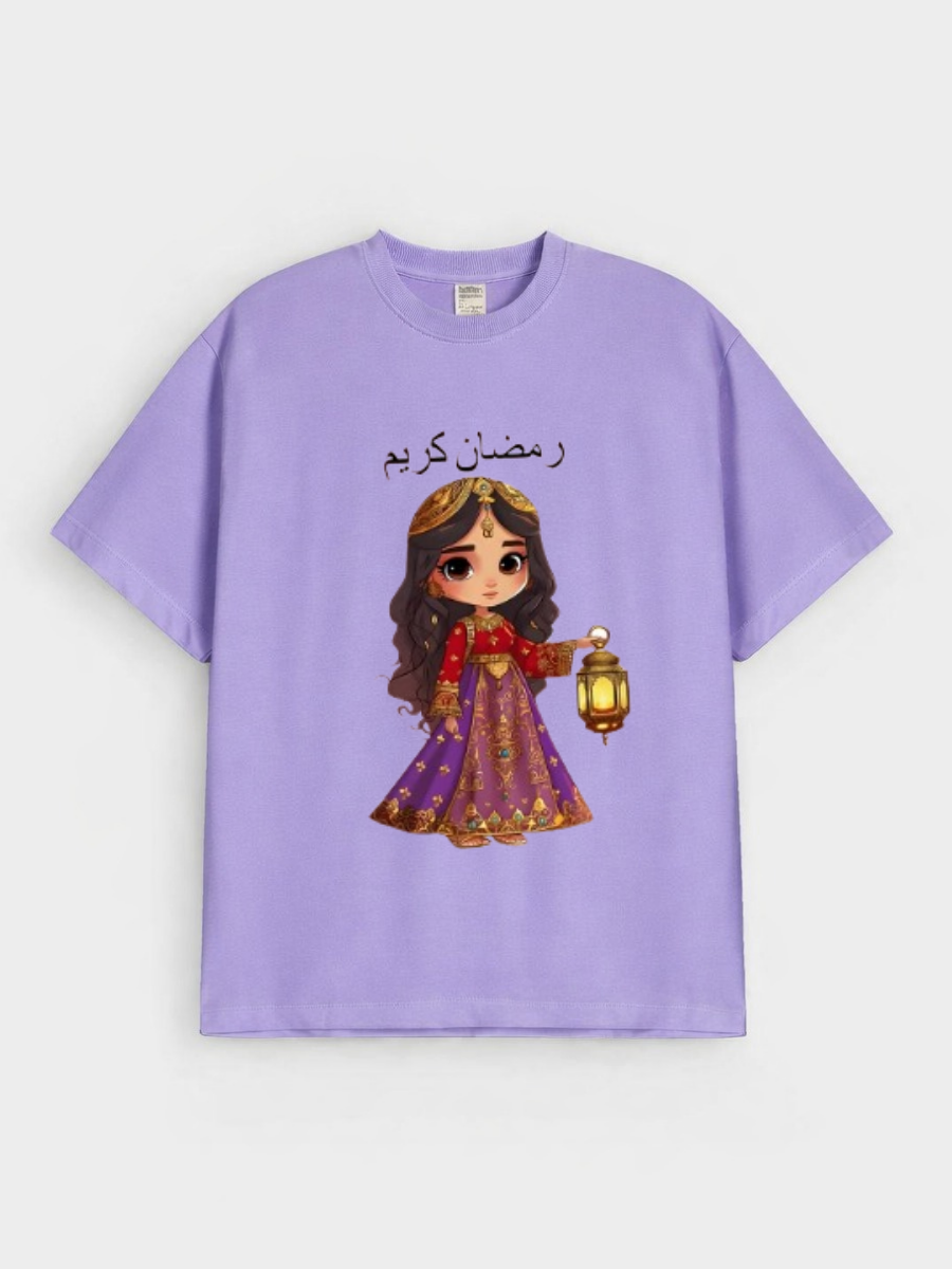 Girls Ramadan Kareem Princess Lantern Graphic Down Shoulder T-shirt for Ramadan Celebration